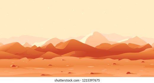 Martian day landscape background tileable horizontally, sand hills with stones on a deserted planet