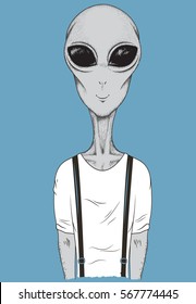 Martian dressed in t-shirt like a human.Cartoon vector illustration.