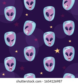 Martian facial expression flat vector seamless pattern. Outer space background. Universe texture with cartoon color icons. Extraterrestrial emotions wrapping paper, wallpaper design