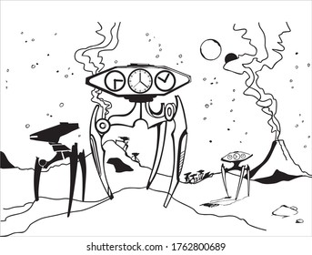 Martian landscape. Black-and-white robots that have time. Stock Vector Graphics Illustration.