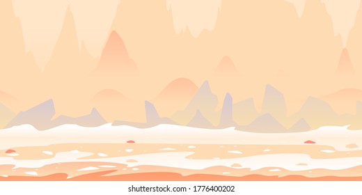 Martian landscape with danger sharp rocks game background tillable horizontally, fantastic purple rocks on a deserted planet with high mountains in view from afar