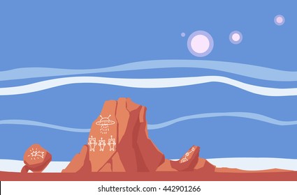 Martian landscape. Drawings on the rocks. Seamless strip. 