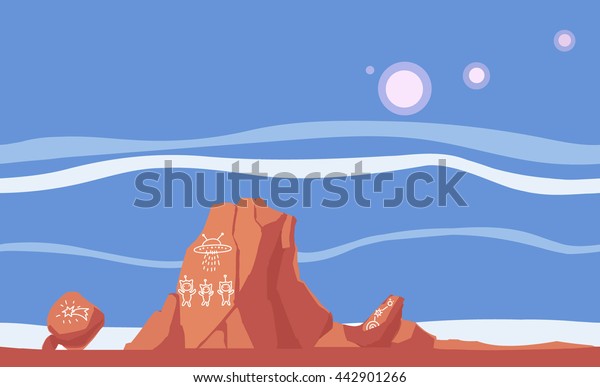 Martian landscape. Drawings on the rocks. Seamless\
strip. 
