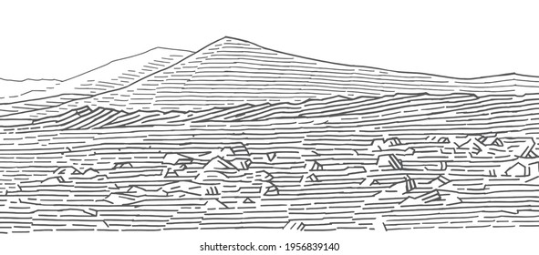 Martian landscape monochrome line drawing. Desert on Mars sketch, vector. 