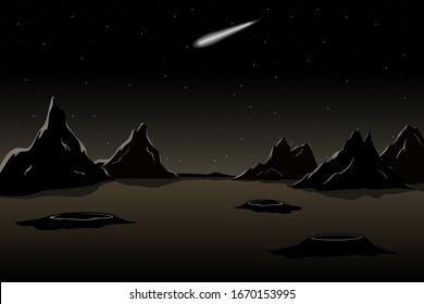 Martian landscape with mountains, craters and comet. Vector illustration.
