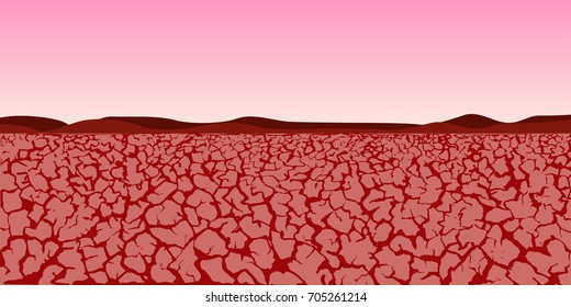 a martian landscape; a vector desert scene; a red planet sunset or sunrise illustration; dry and cracked ground; hand drawn texture