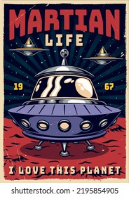 Marsianisches Leben bunter Flyer Vintage fliegende Untertassen und runde Ufos landen auf rotem Planeten nach Weltraumweg Vektorgrafik