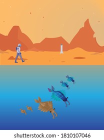 Martian life underwater vector illustration | Astronaut and starship on red planet / mars with martian life underwater | Alien life underwater on alien planet