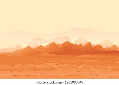 Martian orange mountails landscape background, sand hills with stones on a deserted planet, space colonization panorama, planet colonization concept illustration, landscape of Mars planet