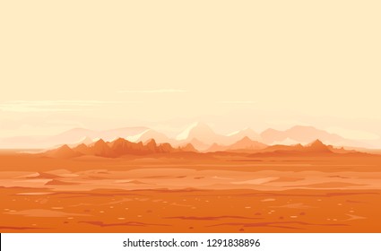 Martian orange surface panorama landscape background on a sunny day, sand hills with stones on a deserted planet, landscape of Mars planet