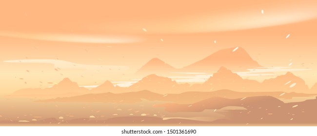 Martian orange surface panorama landscape background in dust storm, sand hills in dust on a deserted planet, sandstorm landscape background