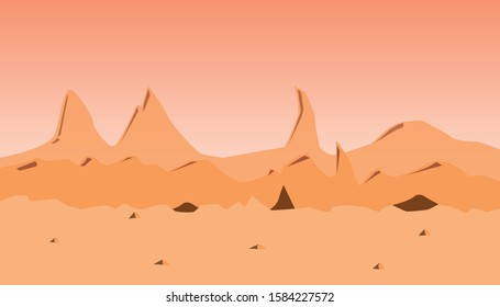 Martian orange surface panorama landscape background futuristic sunrise in dangerous deadly place with starry sky. Mars futuristic landscape with colony base and astronaut illustration