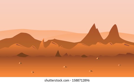 Martian orange surface panorama landscape background on a sunny day, sand hills with stones, futuristic sunrise. Mars futuristic landscape with colony base and astronaut illustration