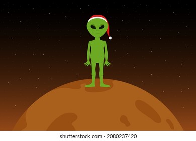 Martian in red hat. Christmas on Mars. Vector illustration.