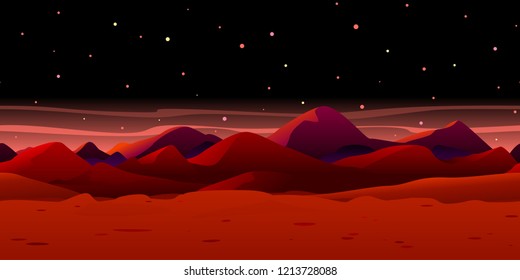 Martian red night landscape background tileable horizontally, sand hills with stones on a deserted planet, futuristic sunrise in dangerous deadly place with starry sky