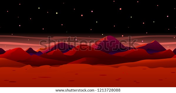 Martian red night landscape\
background tileable horizontally, sand hills with stones on a\
deserted planet, futuristic sunrise in dangerous deadly place with\
starry sky