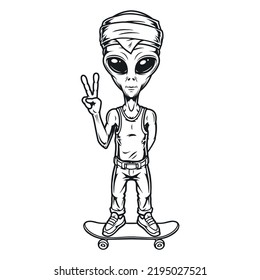 Martian Skateboarder porträtiert monochrome Vintage fantastisch Außerirdische auf Skateboard posieren mit Siegesgestur unidentifizierter humanoider Weltraum Reisende Vektorgrafik