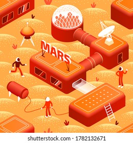 Martian space modular settlement for astronauts of the future in isometric modern pattern style