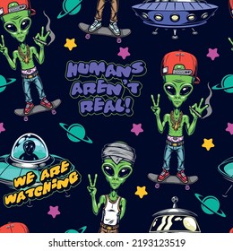 Martians colorful vintage pattern seamless with aliens in human clothes and words humans arent real near with UFO vector illustration