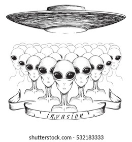 Martians invasion.Group of aliens are enslave the planet .Hand drawn vector illustration