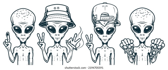 Martians portraits vintage monochrome set of four aliens in different poses and fashionable caps guests from outer space vector illustration