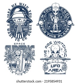 Martians set elements vintage monochrome with space friendly aliens traveling around planet earth and UFO with light beam vector illustration