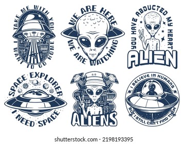 Martians set vintage flyers monochrome style with aliens flying around galaxy on UFO and watching people from space vector illustration