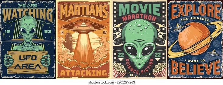 Martians Space Set Colorful Vintage Flyer Stock Vector (Royalty Free ...