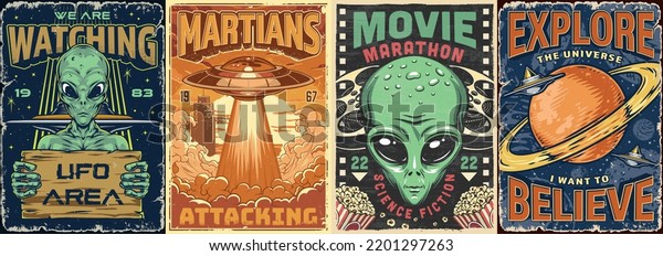 Martians Space Set Colorful Vintage Flyer Stock Vector (Royalty Free ...