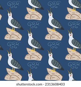 Martin cartoon retro vector seamless pattern. Flat birds on the rock i the sea on dark background. Ideal for kids textile, wallpaper, wrapping, background, interior decor