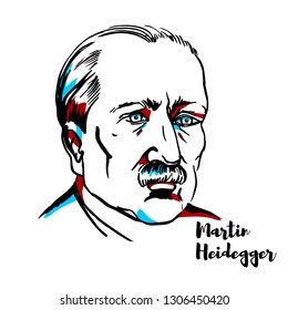 Martin Heidegger engraved vector portrait with ink contours. German philosopher and a seminal thinker in the Continental tradition and philosophical hermeneutics.