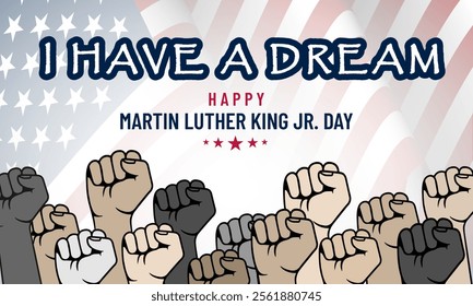 Martin luther king day banner. Holiday typographic poster with usa flag. Background illustration
