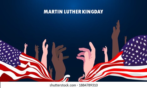 Martin Luther King Day with black skin and white skin united raise hands together. Waving flag of america celebrate the civil rights of blacks Martin Luther King Jr Day