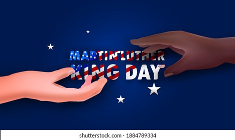 Martin Luther King Day with black skin and white skin united raise hands together. Waving flag of america celebrate the civil rights of blacks Martin Luther King Jr Day
