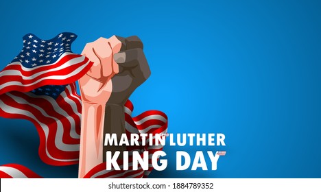 Martin Luther King day black and white hands clenched into flags of america. Civil rights of blacks. Waving flag text martin Luther King day