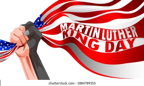 Martin Luther King day black and white hands clenched into flags of america. Spirit of freedom and together symbol of civil rights blacks. Waving flag text martin Luther King day