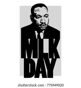 Martin Luther King Day. Black and white hand drawn vector portrait, text MLK Day. Poster,  banner or flyer design.