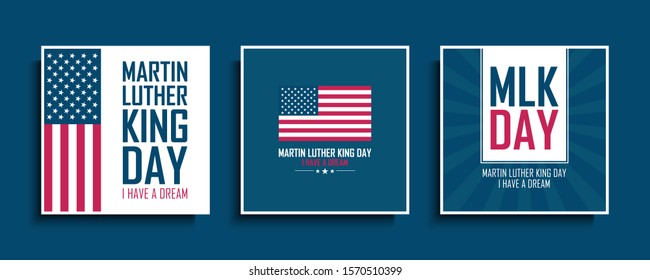 Martin Luther King Day celebrate cards set with United States national flag. MLK day collection. USA national holiday vector illustration.