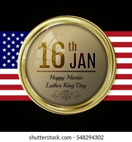 Martin Luther King day emblem. Vector label for MLK Day. Text on gold sticker with USA flag. Light brown glossy stone  in gold with reflection and shine. 
