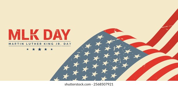Martin Luther King Day flyer, banner or poster. Vector illustration with copy space for text background of black man and usa flag USA Martin Luther King Day