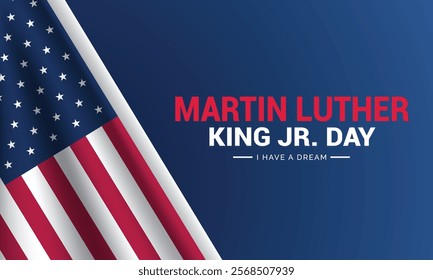 Martin Luther King Day flyer, banner or poster. Vector illustration with copy space for text background of black man and usa flag USA Martin Luther King Day