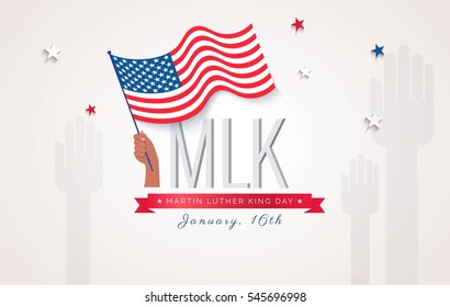 Martin Luther King Day flyer, banner or poster. Holiday background with waving flag in man's hand. Vector flat illustration