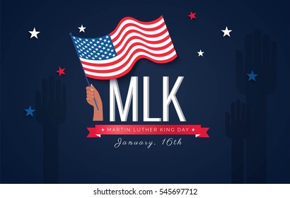 Martin Luther King Day Flyer, Banner Or Poster. Holiday Background With Waving Flag In Man's Hand. Vector Flat Illustration