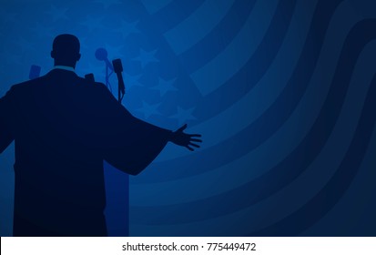 Martin Luther King Day Flyer, Banner Or Poster. Mlk Background With Silhouette Of Martin Luther King And Waving Us Flag. Vector Illustration