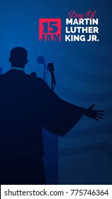 Martin Luther King Day flyer, banner or poster. Mlk background with silhouette of Martin Luther King and waving us flag. Vector illustration