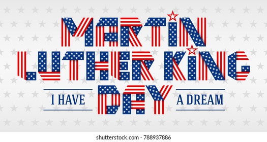 Martin Luther King Day greeting card. Text made of interlaced ribbons with USA flag's stars and stripes. Vector illustration.