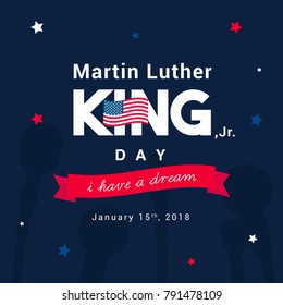 Martin Luther King Day greeting card vector illustration. Typography with stars on dark blue background. 