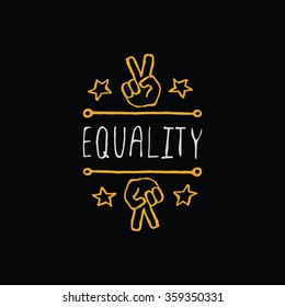 Martin Luther King Day handdrawn greeting card with gold element on black background.  Equality. Typographic banner with text and peace gesture. Vector handdrawn badge.