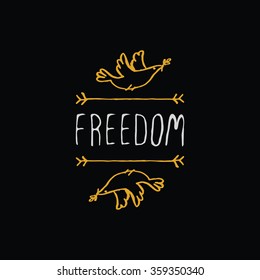 Martin Luther King Day handdrawn greeting card with gold element on black background.  Freedom. Typographic banner with text and dove. Vector handdrawn badge.