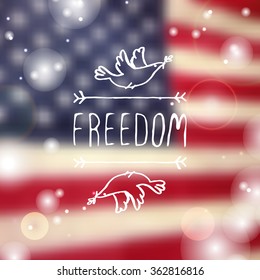 Martin Luther King Day handdrawn greeting card on blurred background.  Freedom. Typographic banner with text and dove. Vector handdrawn badge.